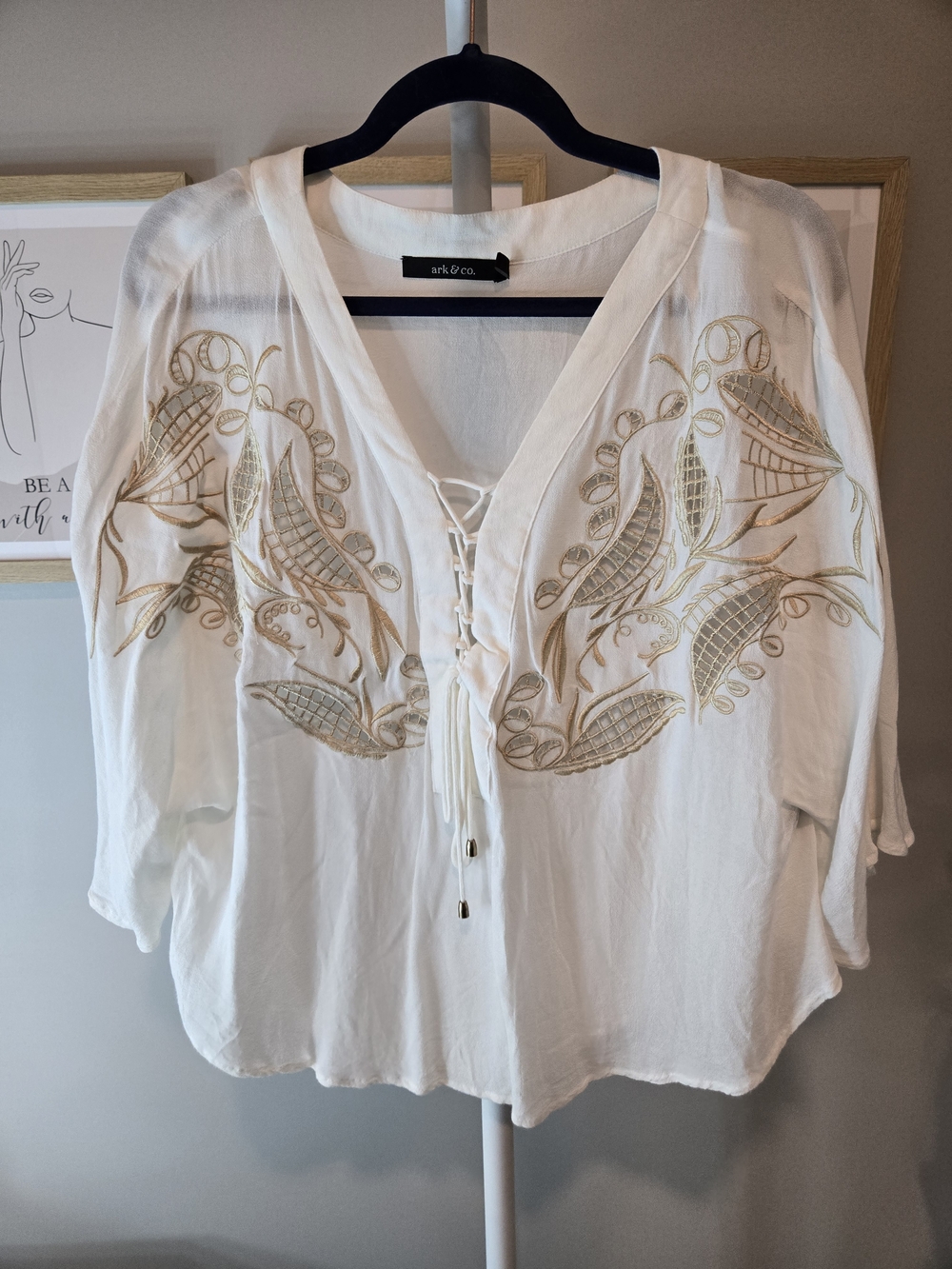Ark & Co White Lace-Up Peasant Top with Gold Embroidery